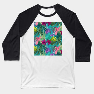 Elegant tropical flowers and leaves pattern purple illustration, blue tropical pattern over a Baseball T-Shirt